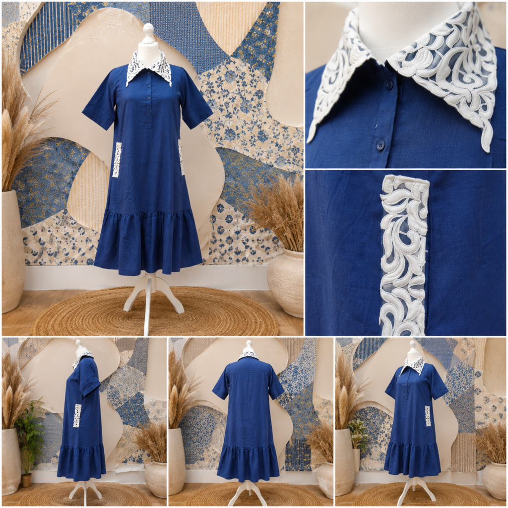 Sapphire Grace Lace Collar A-Line Dress – Embroidered Collar Linen Blend Midi Dress