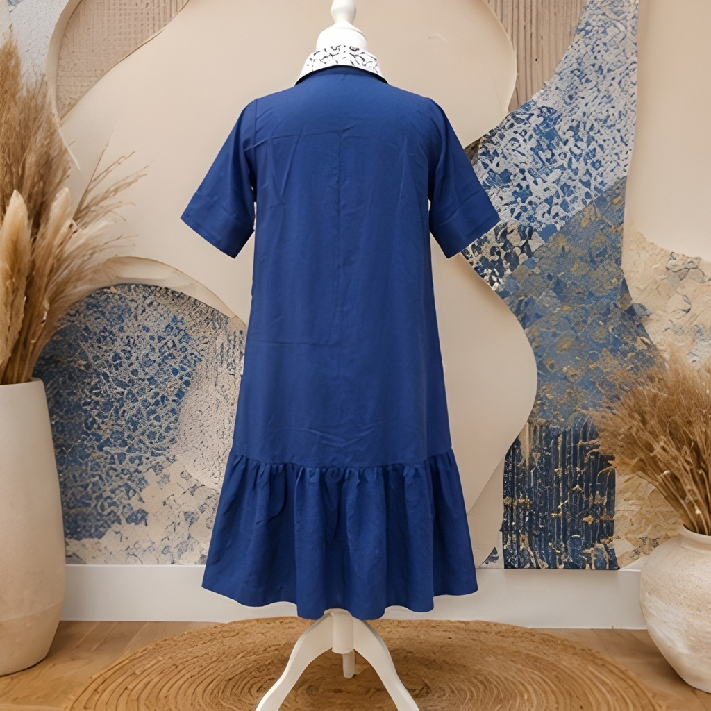 Sapphire Grace Lace Collar A-Line Dress – Embroidered Collar Linen Blend Midi Dress