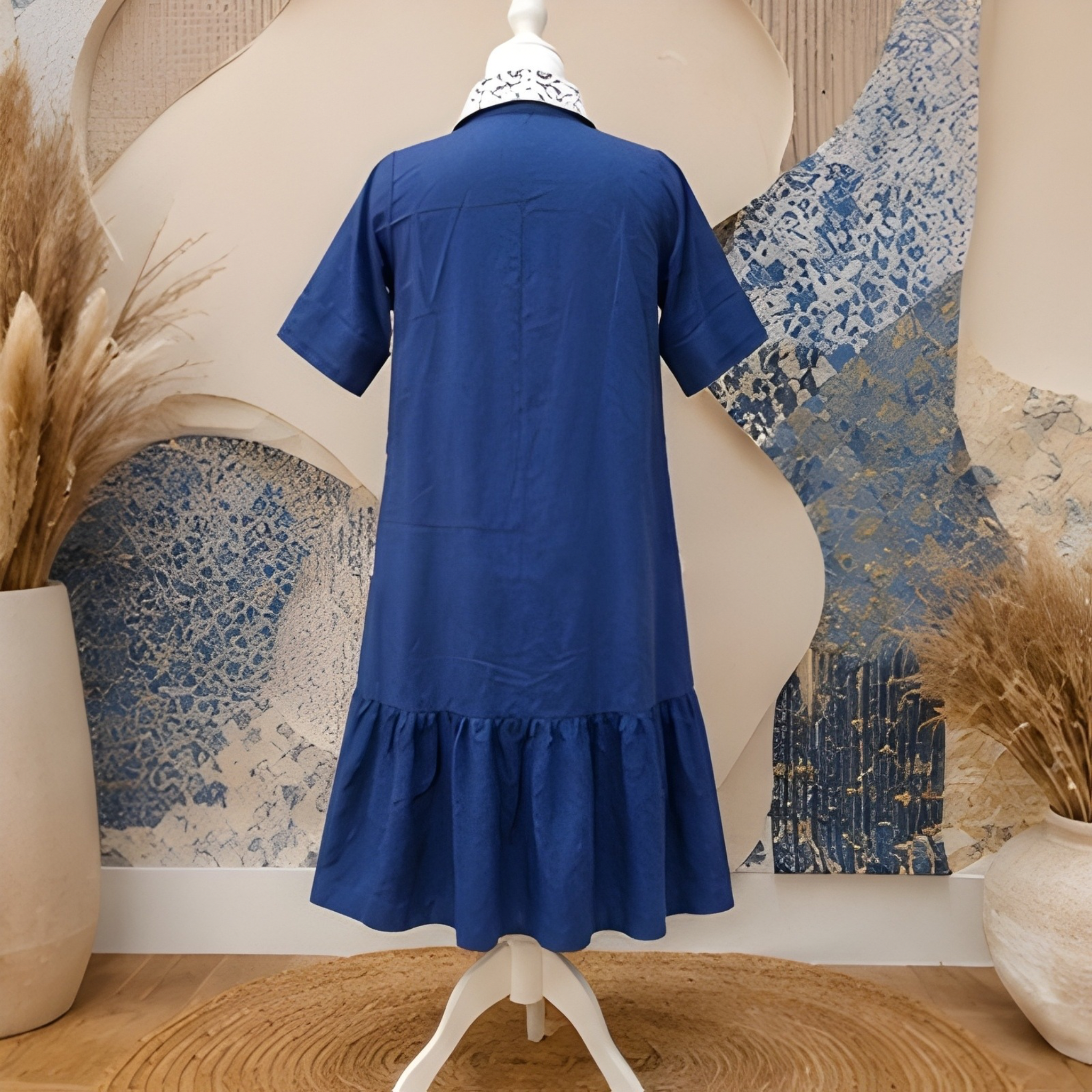 Sapphire Grace Lace Collar A-Line Dress – Embroidered Collar Linen Blend Midi Dress