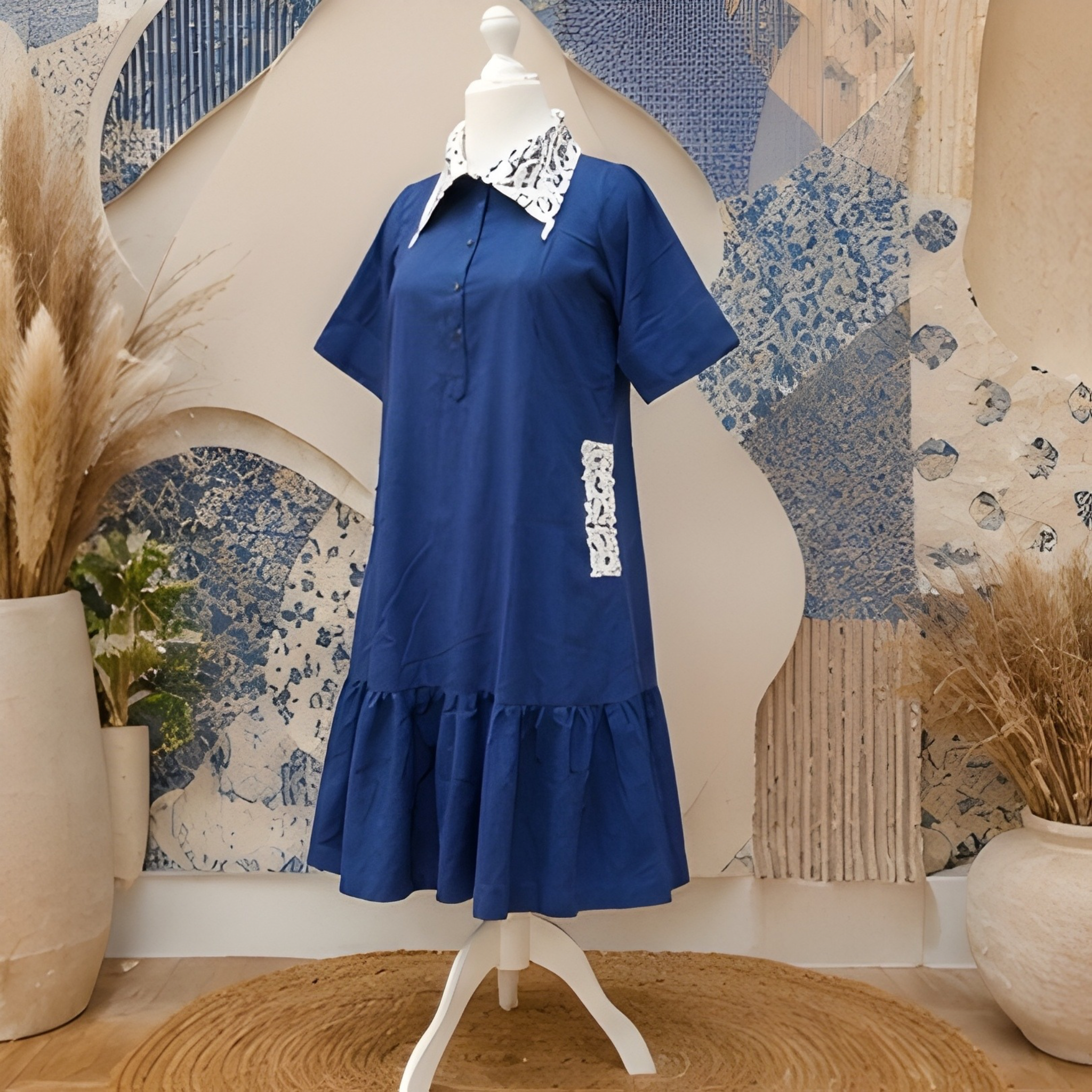 Sapphire Grace Lace Collar A-Line Dress – Embroidered Collar Linen Blend Midi Dress