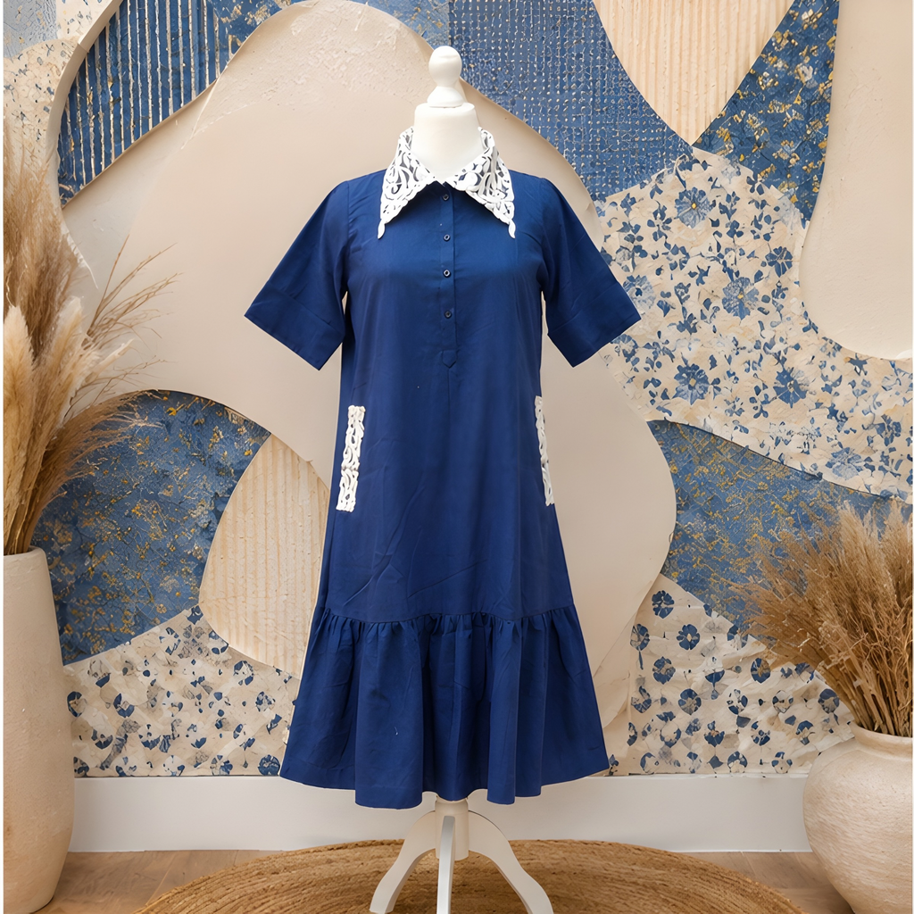 Sapphire Grace Lace Collar A-Line Dress – Embroidered Collar Linen Blend Midi Dress