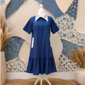 Sapphire Grace Lace Collar A-Line Dress – Embroidered Collar Linen Blend Midi Dress
