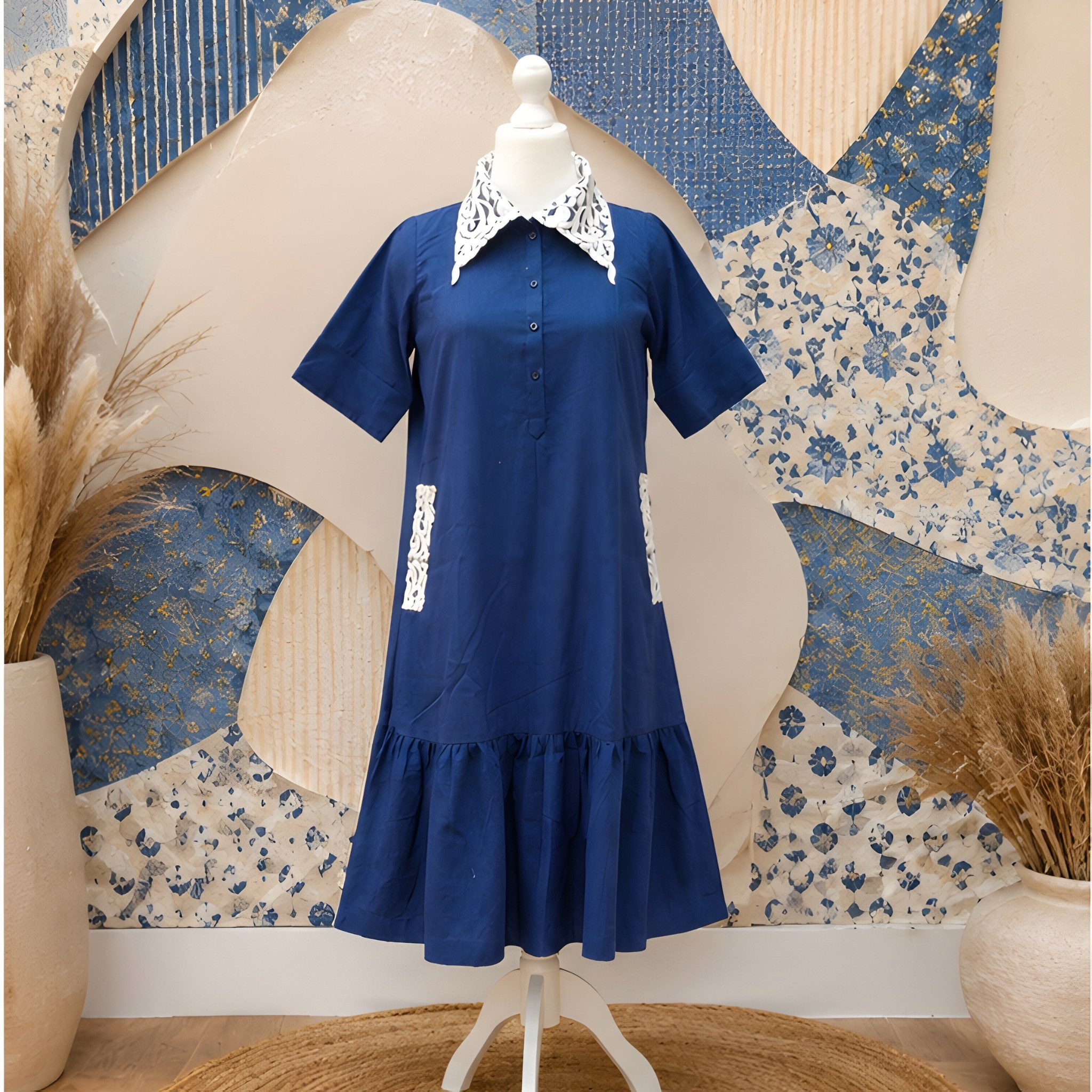 Sapphire Grace Lace Collar A-Line Dress – Embroidered Collar Linen Blend Midi Dress