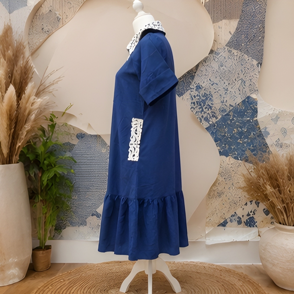 Sapphire Grace Lace Collar A-Line Dress – Embroidered Collar Linen Blend Midi Dress