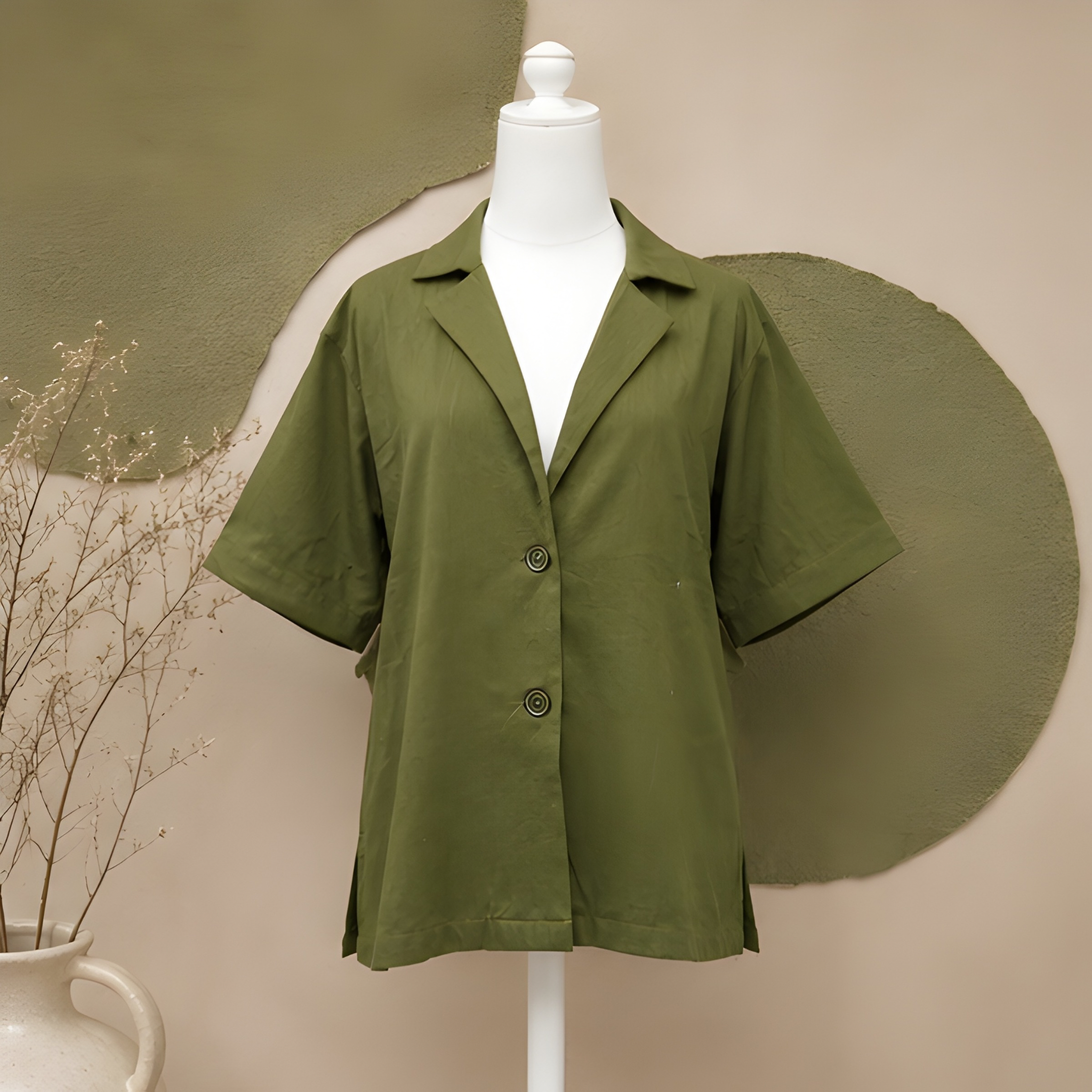 Women’s Olive Green Relaxed Fit Collared Button-Down Shirt | Half Sleeve Casual Resort Top