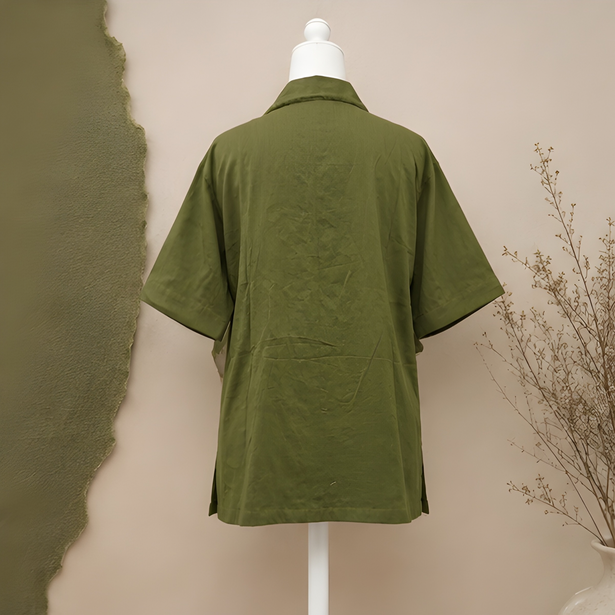 Women’s Olive Green Relaxed Fit Collared Button-Down Shirt | Half Sleeve Casual Resort Top
