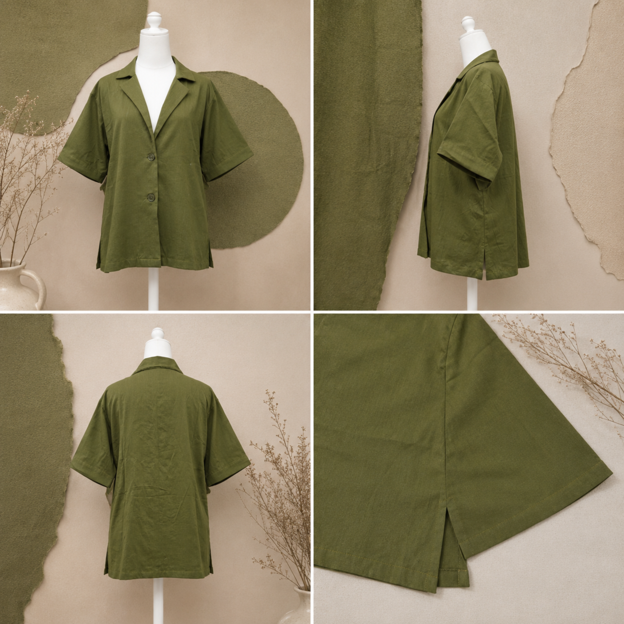 Women’s Olive Green Relaxed Fit Collared Button-Down Shirt | Half Sleeve Casual Resort Top