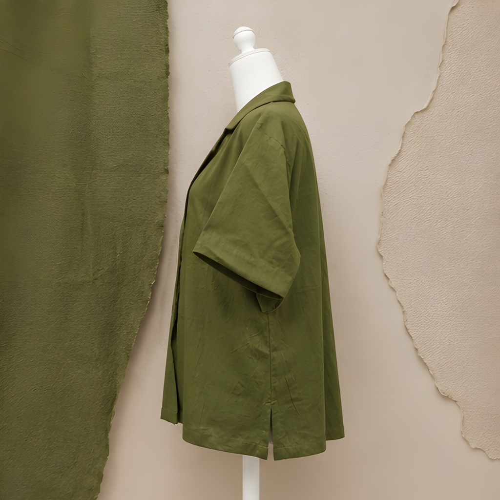 Women’s Olive Green Relaxed Fit Collared Button-Down Shirt | Half Sleeve Casual Resort Top