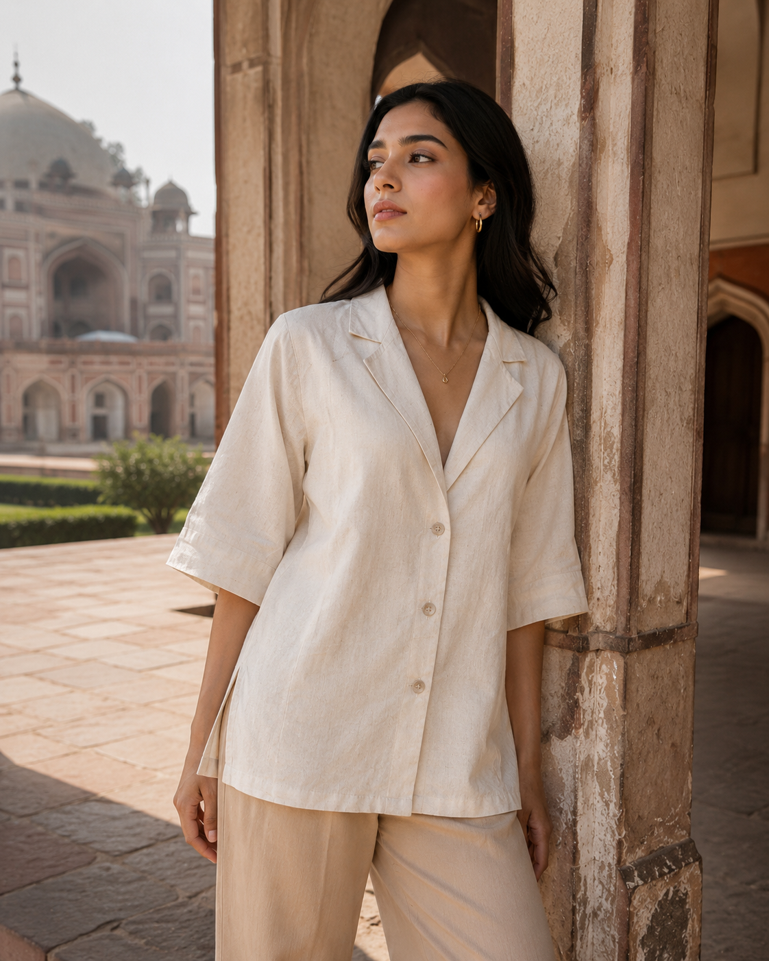Women’s Ivory White Relaxed Fit Collared Shirt | Half Sleeve Button-Down Casual Top