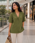Women’s Olive Green Relaxed Fit Collared Button-Down Shirt | Half Sleeve Casual Resort Top