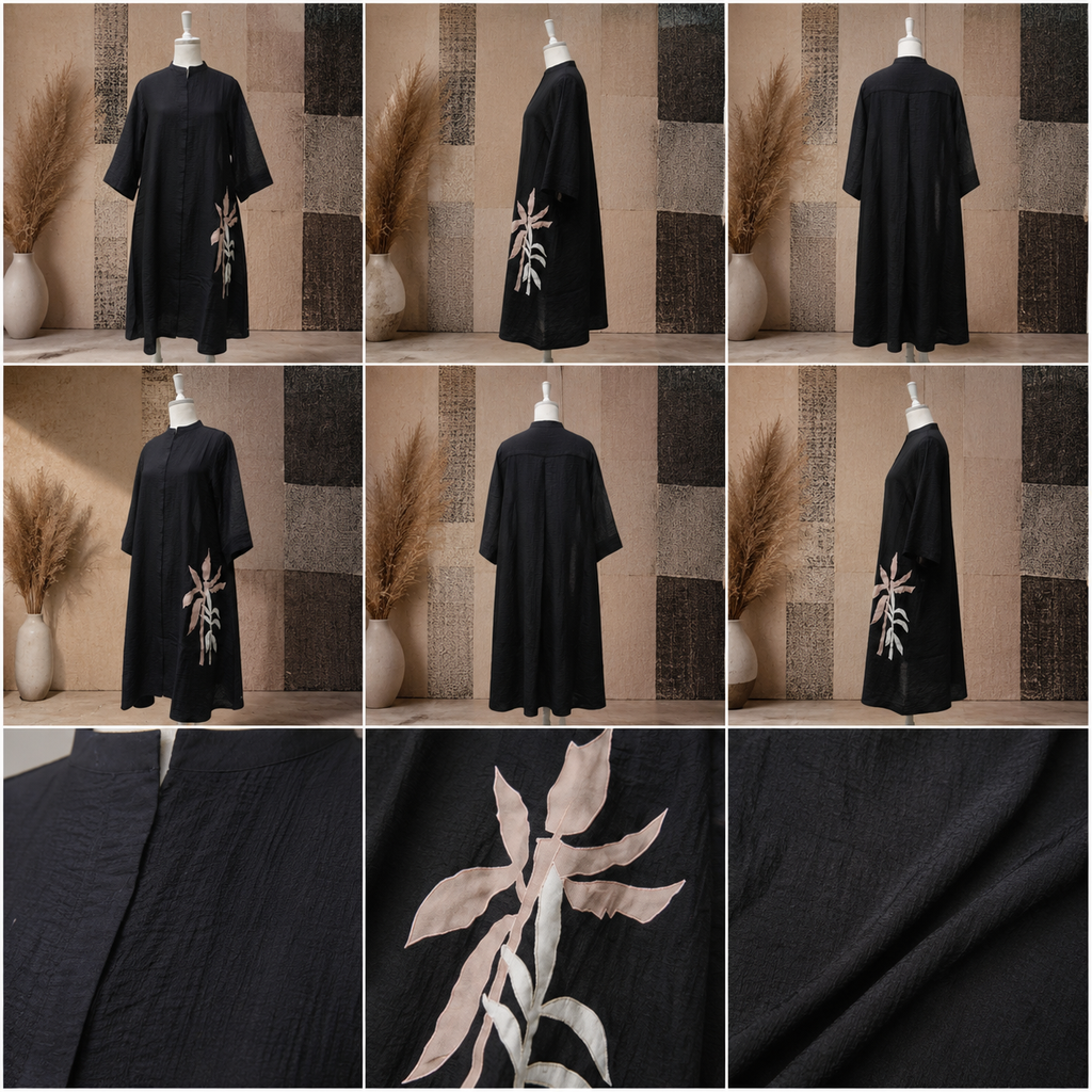 Midnight Willow Artisan A-Line Dress – Botanical Applique Relaxed Fit Midi Dress