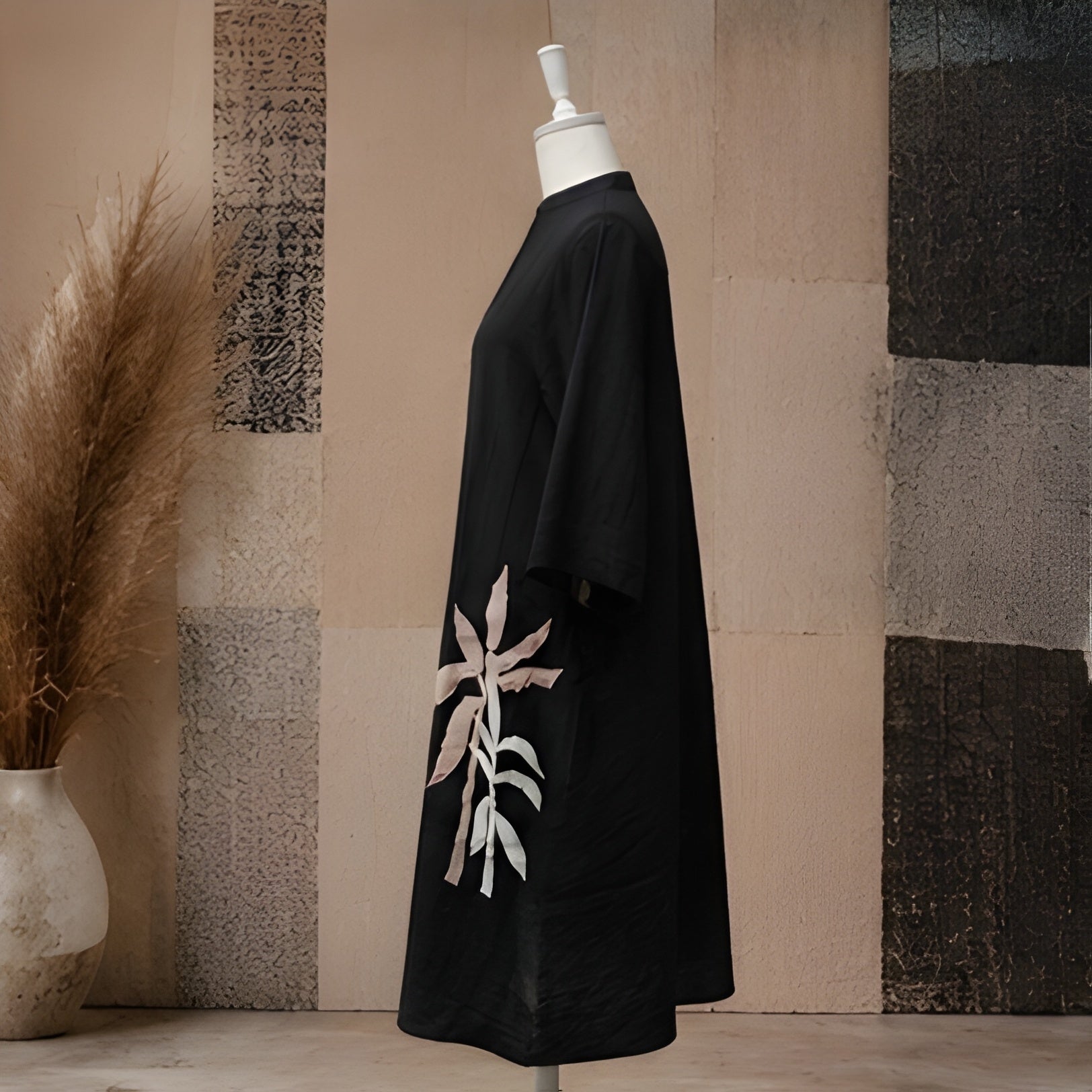 Midnight Willow Artisan A-Line Dress – Botanical Applique Relaxed Fit Midi Dress