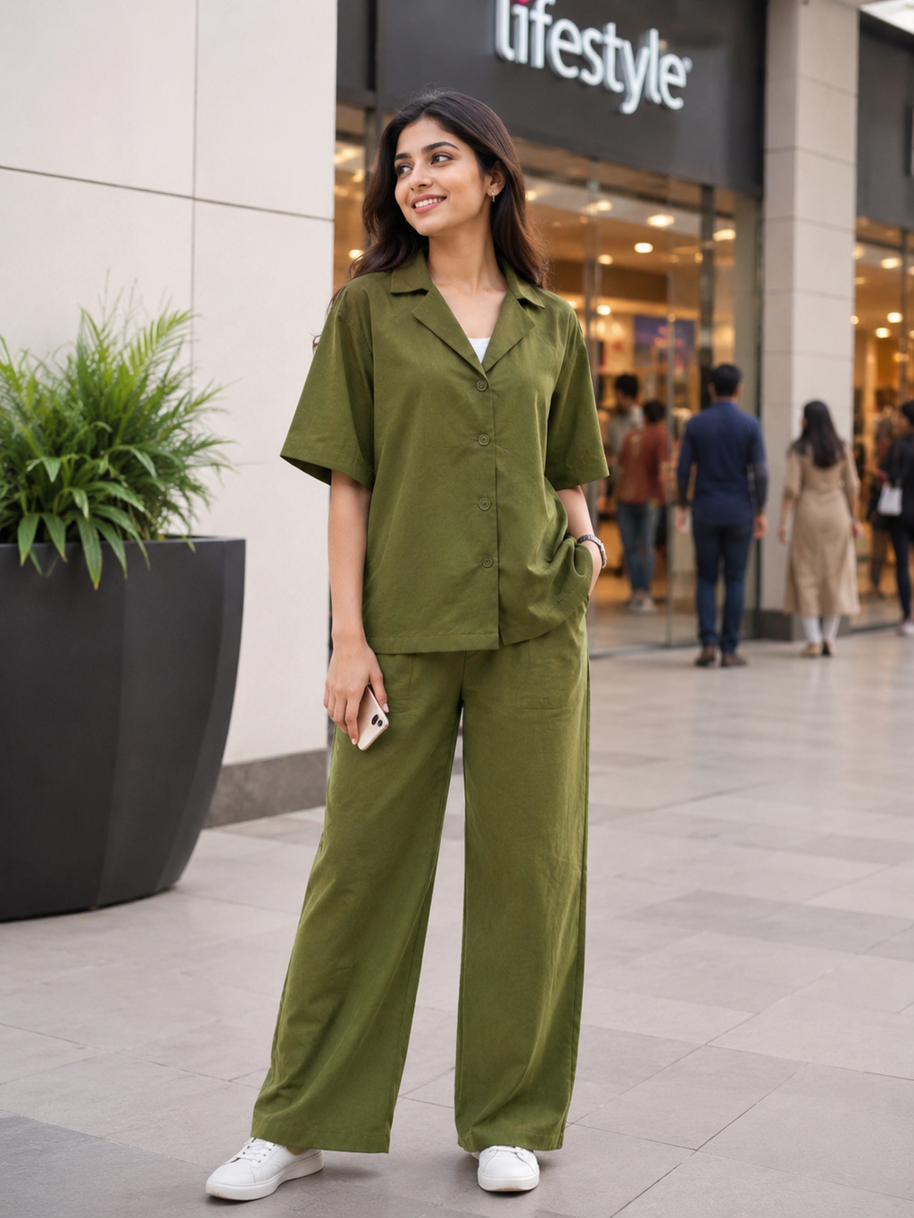 Women’s Olive Green Relaxed Fit Collared Button-Down Shirt | Half Sleeve Casual Resort Top