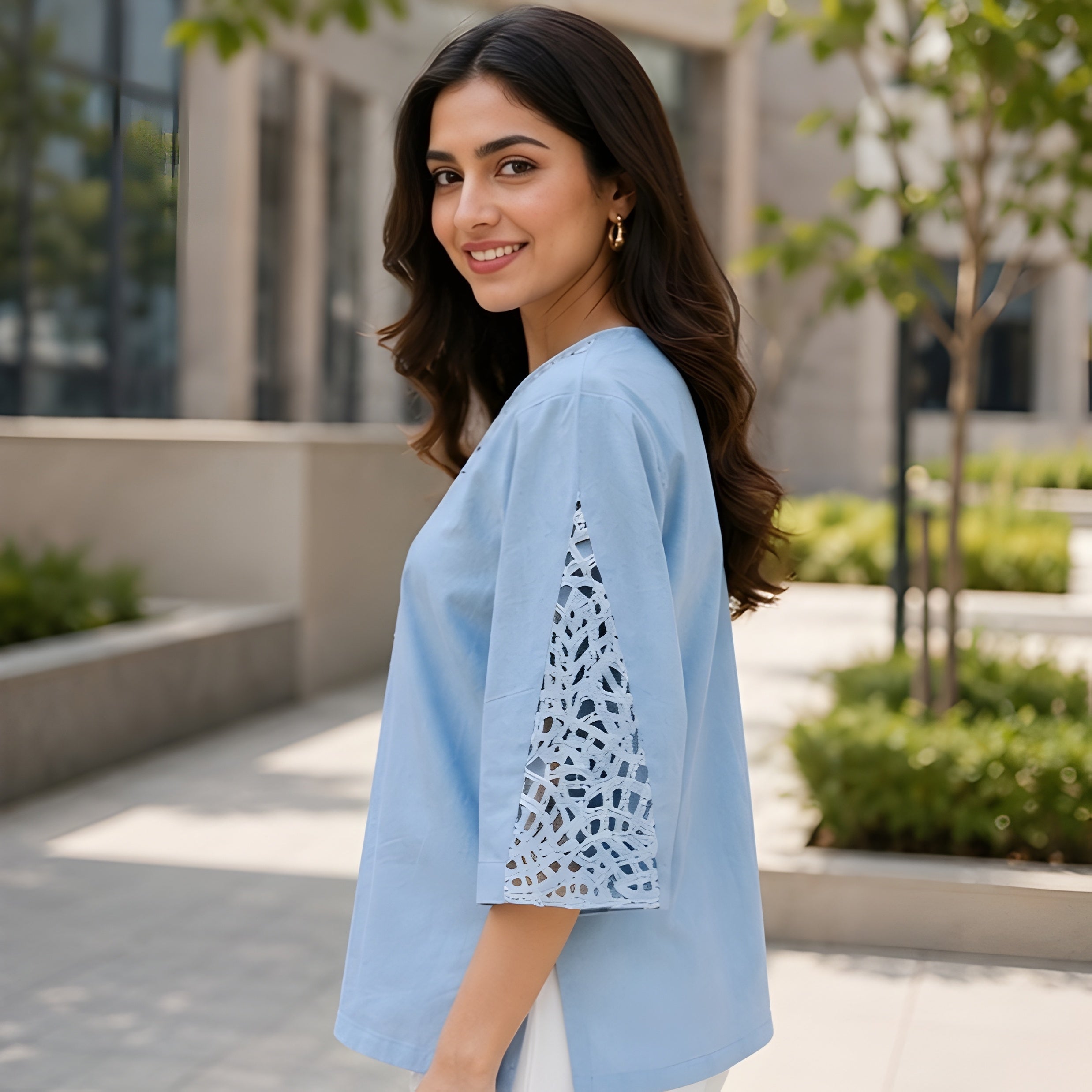 Azure Lace Serenity — Blue Contemporary Lace Detail Women's Top