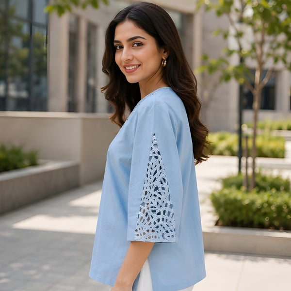Azure Lace Serenity — Blue Contemporary Lace Detail Women's Top
