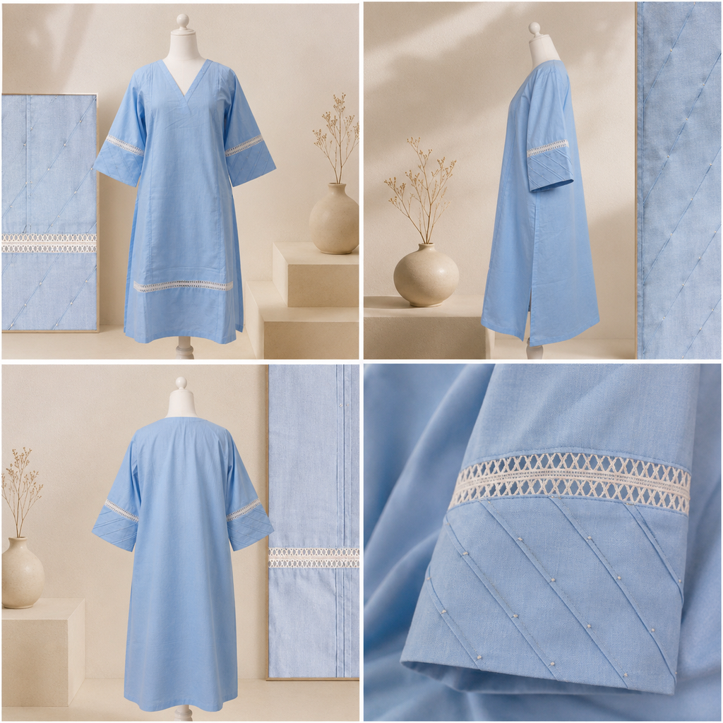 the elegant Sky Blue Lace Detail A-Line