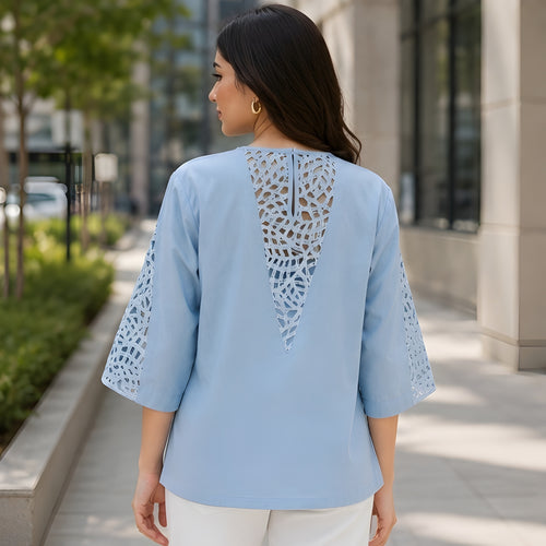Azure Lace Serenity — Blue Contemporary Lace Detail Women's Top